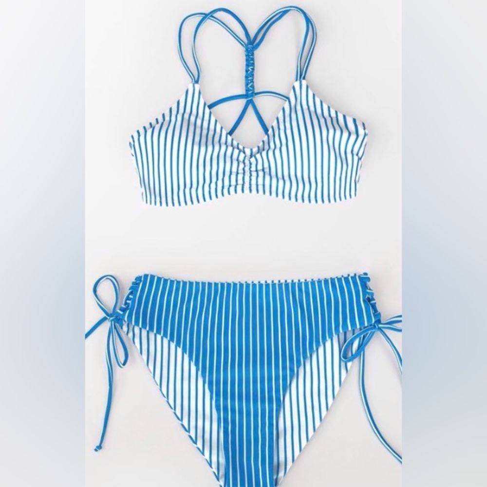Cupshe Women's Back Braided Straps Reversible Bottom Bikini Sets Blue Size S - Picture 3 of 7